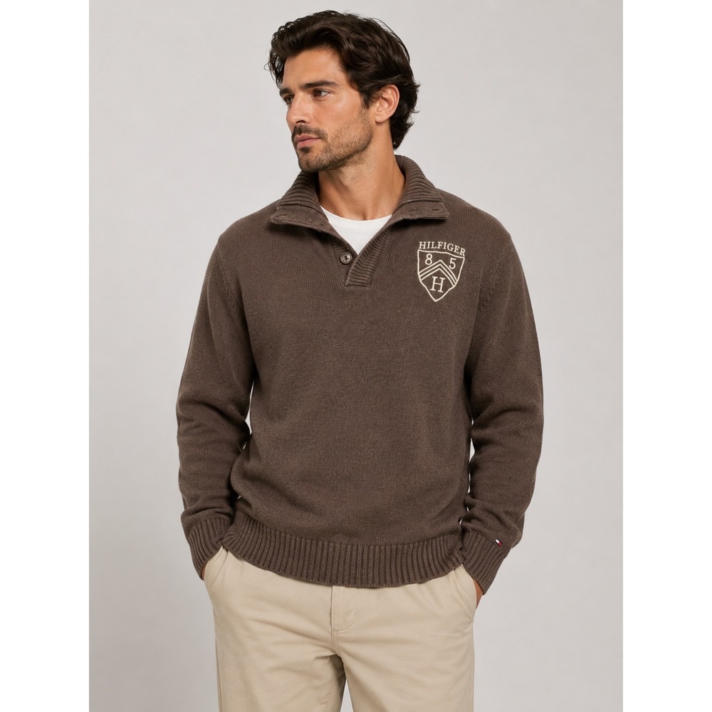 Tommy Hilfiger Mens Brown‎ Quarter Zip Collared Knit Sweater Large |O1
